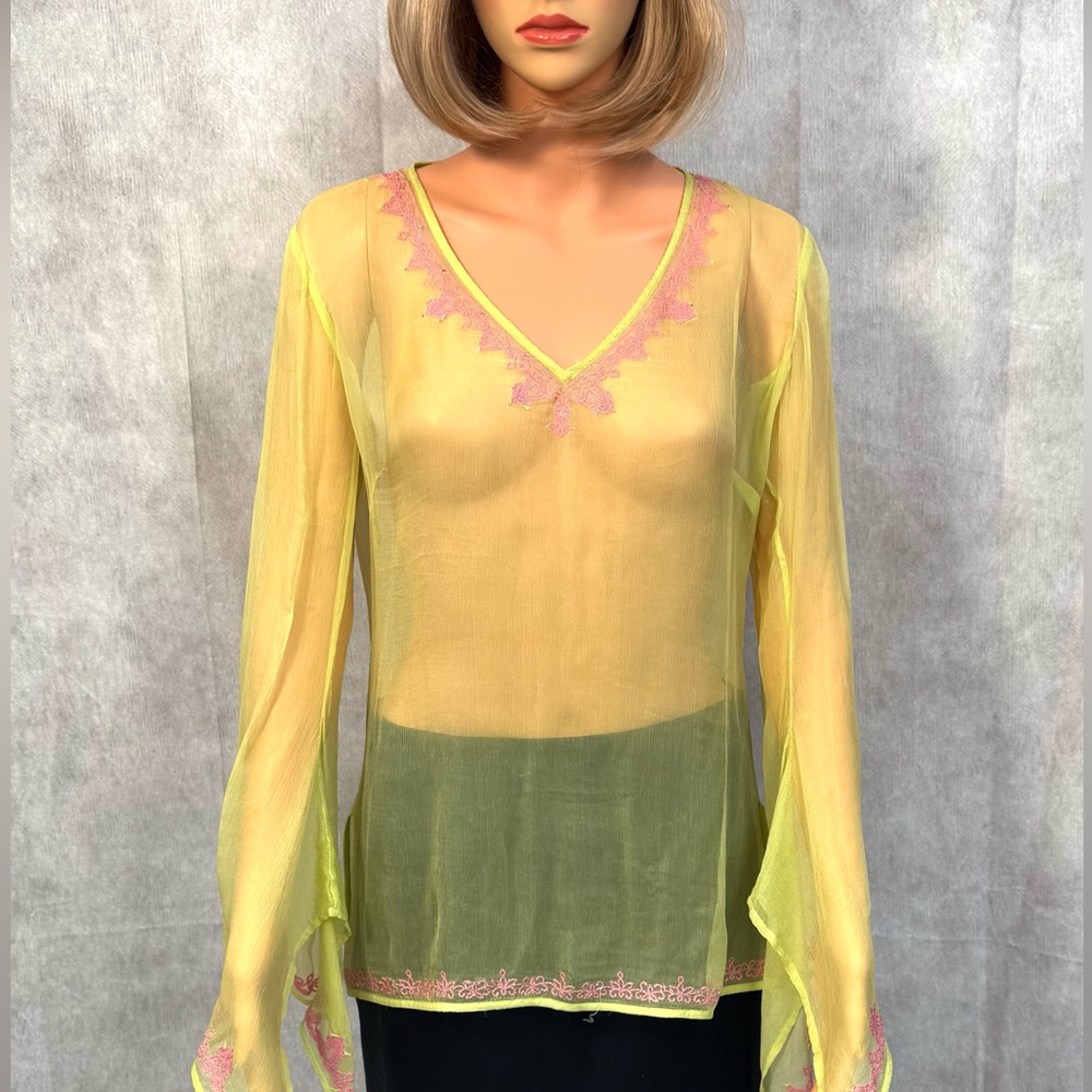 Laundry By Shelli Segal Yellow Sheer Bell Sleeve Blouse